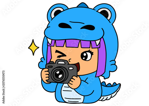 Cute Girl Wearing Blue Dinosaur Pajamas Taking Photos with Camera