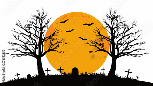 Obraz na plátně Graveyard Silhouette With Bare Trees And Full Moon A Dark Halloween Scene bare b