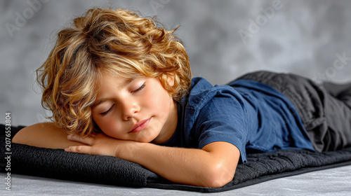 Young boy resting in child pose on mat after exercise for kids fitness recovery guide background and wellness banner