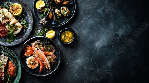A dark slate background with seafood dishes positioned along the bottom-left edge with dramatic shadows and open space above