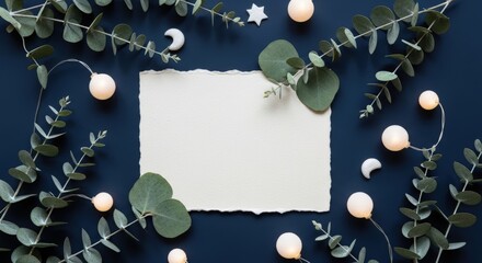 Eucalyptus leaves and candles on dark background.