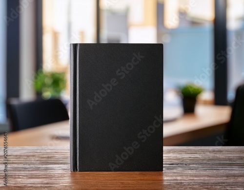 black book mockup standing on wooden desk with blurred office background