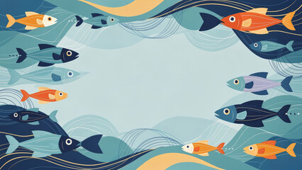 Abstract illustration of a school of colorful fish swimming in ocean waves with copy space.
