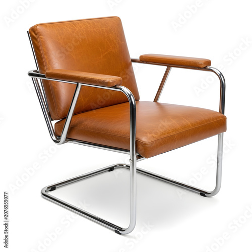 Modern mid century tan leather armchair with chrome metal frame legs.