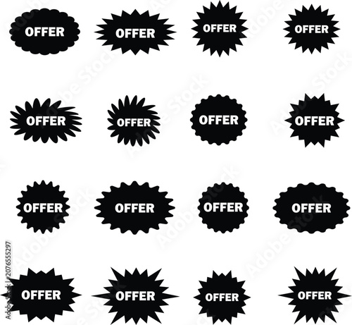 Black Offer Sticker Vector Badges Set Silhouette Starburst Labels Promo Tags