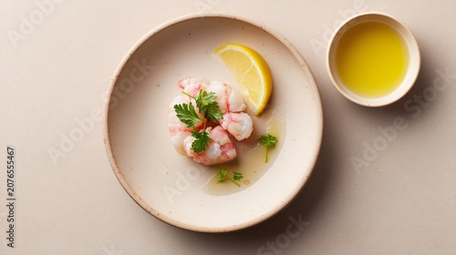 A minimal flat lay with a single seafood dish placed slightly off-center on a neutral background with wide margins