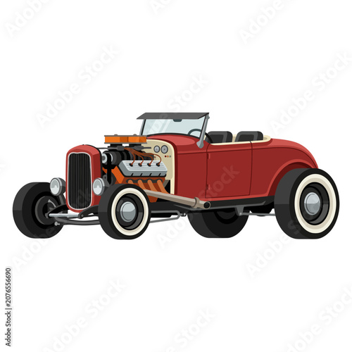 Classic red hot rod car with exposed engine on white background