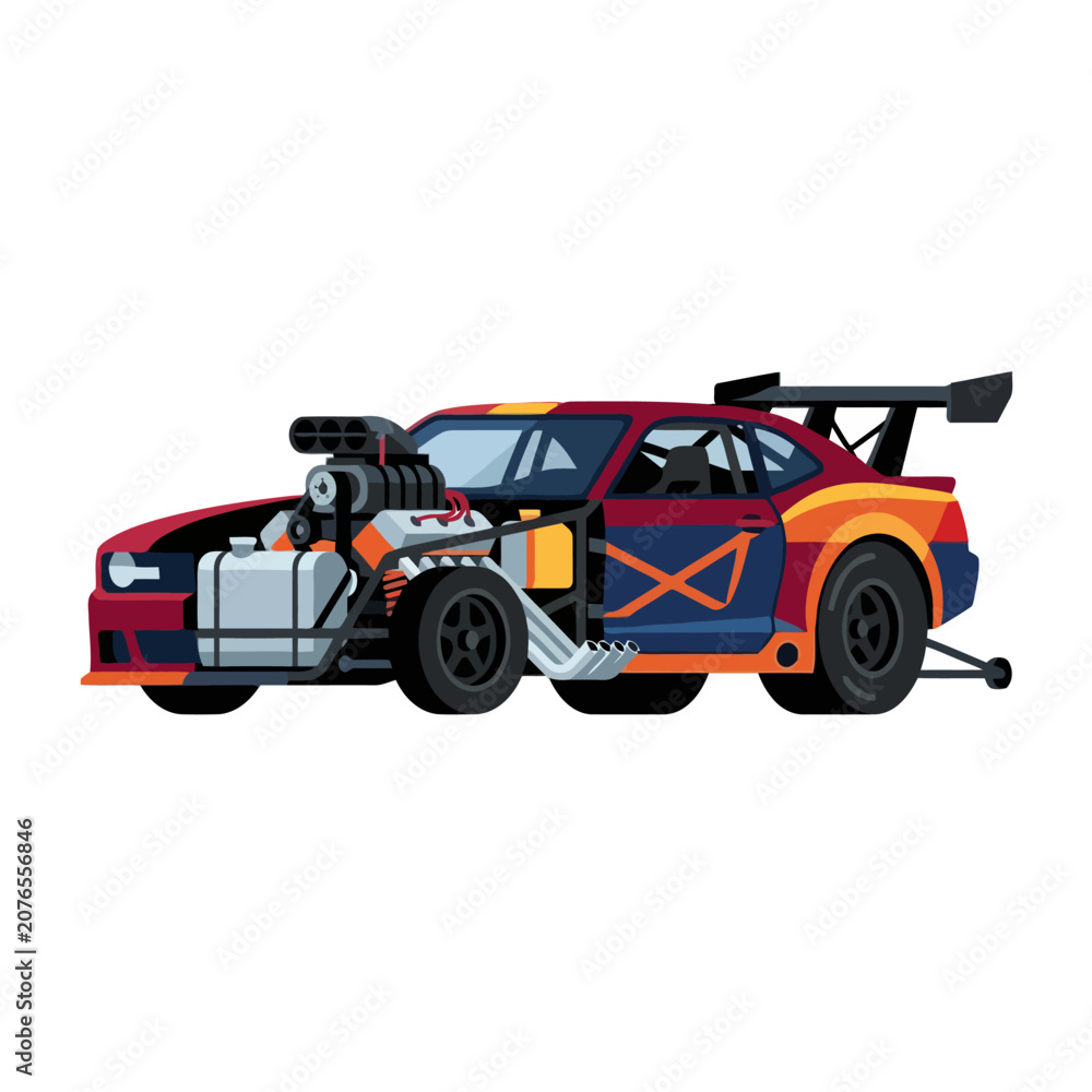 Fototapeta premium Custom Drag Racing Car with Exposed Engine and Spoiler