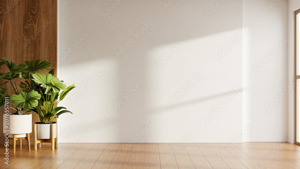 Fototapeta premium Minimalist empty room interior background with blank white wall for mockup, wooden floor, wood paneling, and tropical indoor plants- 3D rendering