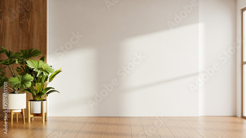 Minimalist empty room interior background with blank white wall for mockup, wooden floor, wood paneling, and tropical indoor plants- 3D rendering