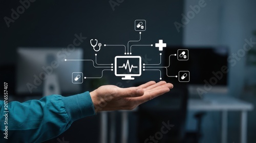 Medical professional presenting glowing digital interface with heart rate monitor and healthcare icons, telemedicine solution, ai Technology modern technology business concept