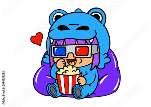 Cute Girl Wearing Blue Dinosaur Pajamas Watching 3D Movie
