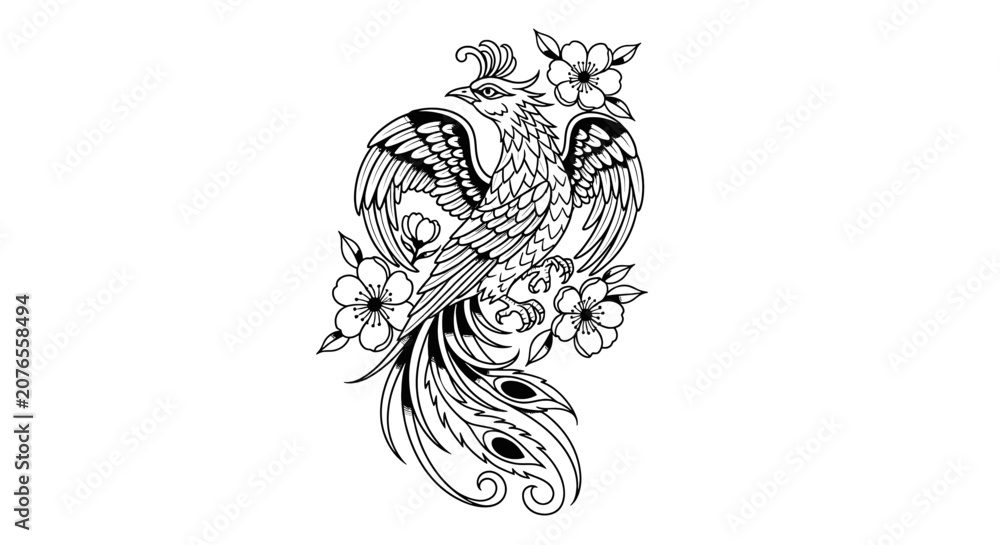 Obraz premium Detailed drawing of a phoenix bird.