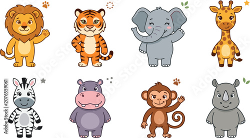 Canvas Print Cute Wild Animal Vector Set with Lion, Tiger, Elephant, Giraffe, Zebra, Hippo, M