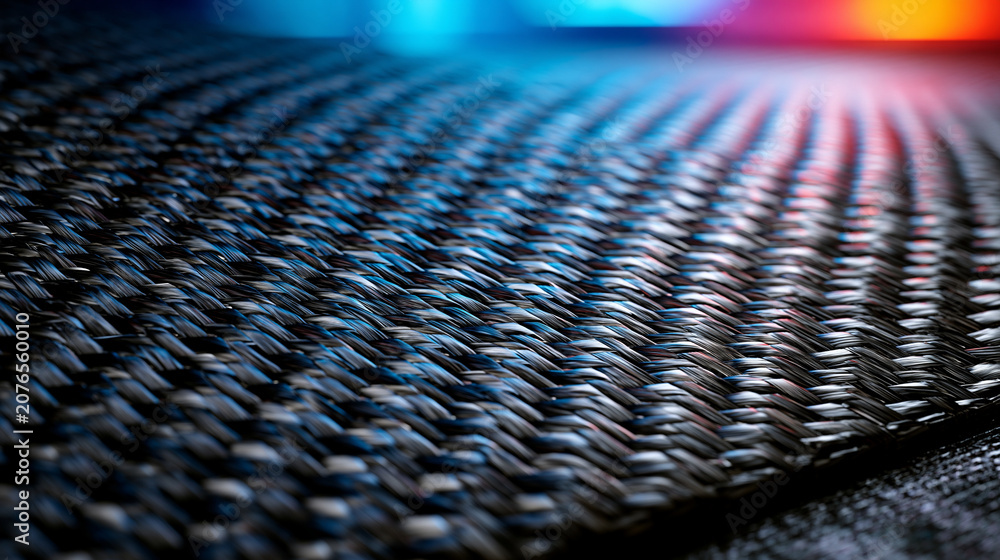Fototapeta premium Carbon fiber texture dark surface fills the frame with diagonal weave patterns on an aerospace composite material sample under laboratory inspection lighting, close-up industrial manufacturing conte
