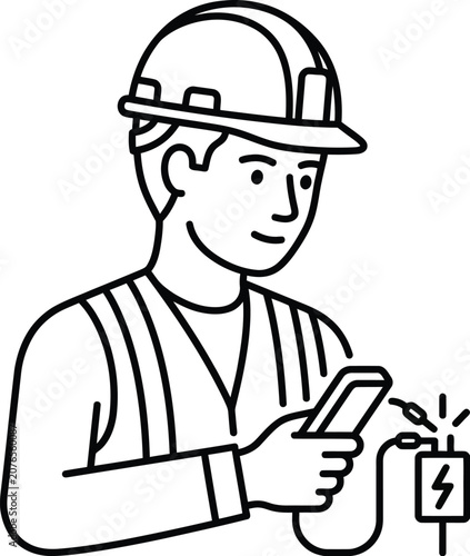 Electrical engineer wearing safety helmet holding digital tablet analyzing power transformer equipment for industrial maintenance and facility management
