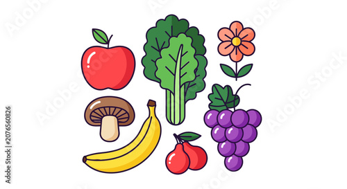 Colorful illustration of fresh fruits vegetables.