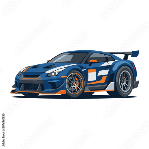 Blue Sportscar with Orange Accents, Racing Aerodynamics, Isolated on White