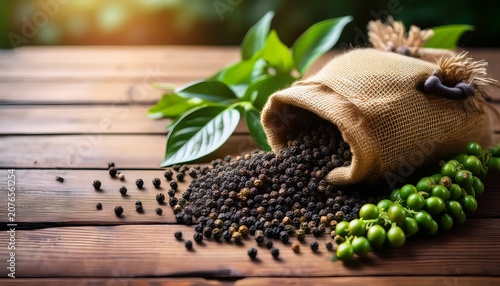 Black Peppercorns Spill From A Burlap Sack Onto A Rustic Wooden Surface Beside A Vine Of Green Pepper Berries And Leaves Conveying Harvested Spice In A Natural Farm Context With Available Space For T