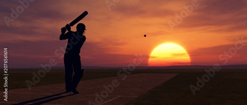 Cricket batsman silhouette playing a powerful shot during a dramatic golden sunset on an open field for competitive sport and athletic achievement concept photography