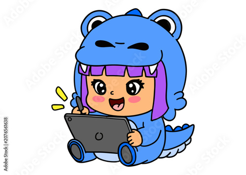 Cute Girl Wearing Blue Dinosaur Pajamas Playing Video Games