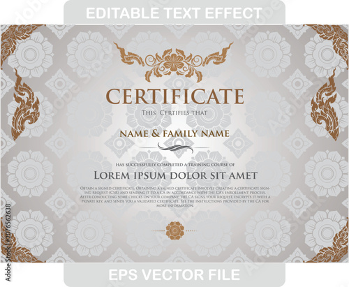 Fotografie Ornate vintage landscape certificate featuring an all-over gray damask pattern print, complete with intricate gold borders