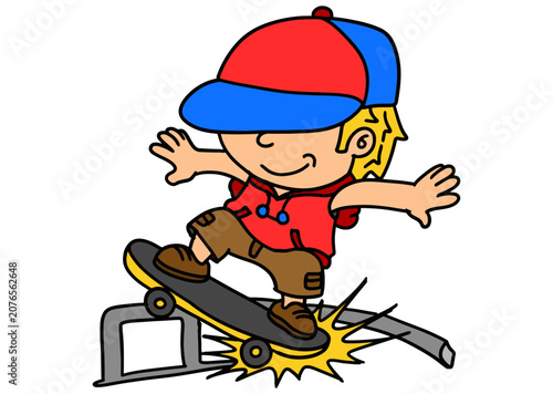 Cartoon Boy Riding Skateboard Performing a Rail Grind Trick