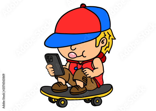 Cartoon Boy Riding Skateboard While Looking at Smartphone