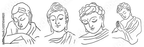 Foto Buddha head portraits and spiritual faces in minimalist line art style