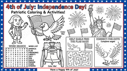 Patriotic 4th of july independence day coloring and activity page for kids