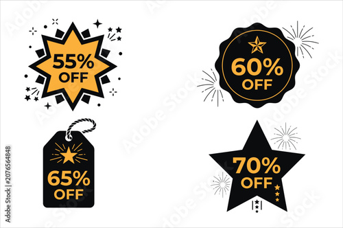 Discount and sale percentage labels in black and orange
