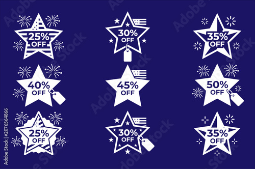 Collection of patriotic fourth of july sale badges with fireworks and american flags