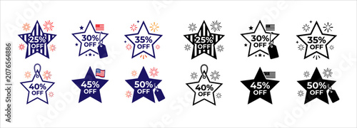 Fourth of july sale badges collection with american flag and fireworks 25 50 off discounts