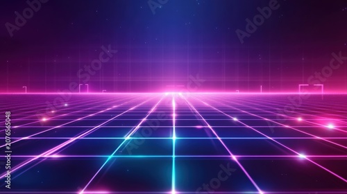 retro futuristic grid landscape with neon lights