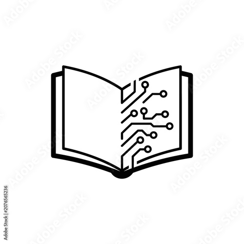Black and white illustration of an open book with circuit board design on the pages