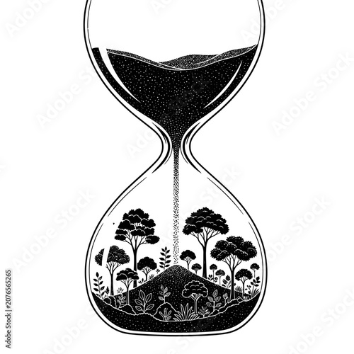 Black and white illustration of an hourglass with a forest inside