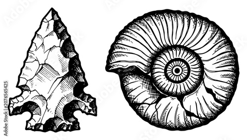 Foto Arrowhead and ammonite fossil shell in vintage hand drawn engraving style