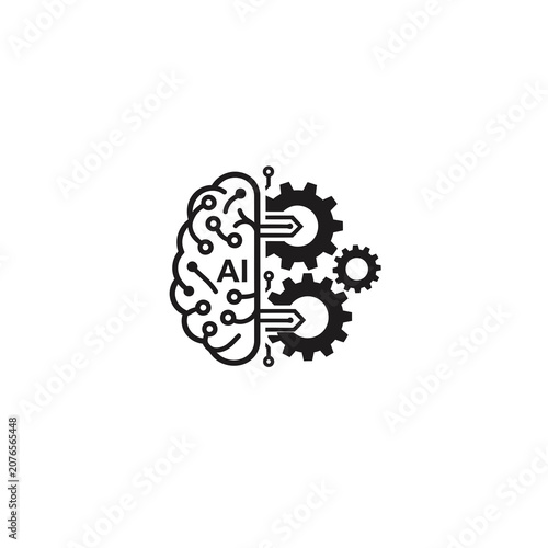 Black and white illustration of a brain with gears and circuits representing ai