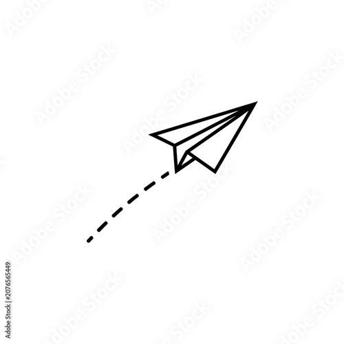 Black paper airplane flying with dotted line