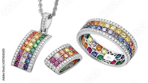 Luxurious rainbow gemstone jewelry set including pendant and rings with diamonds isolated on transparent background