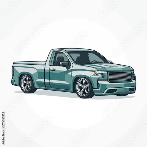 Cool Teal Pickup Truck, Lowrider Style, Modern Automotive Art