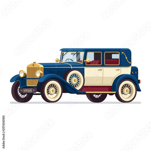 Classic Vintage Car Illustration - Blue and Cream Luxury Automobile