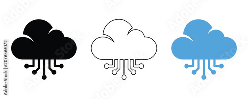 Cloud with rain download icon set in black, white and blue, data cloud vector