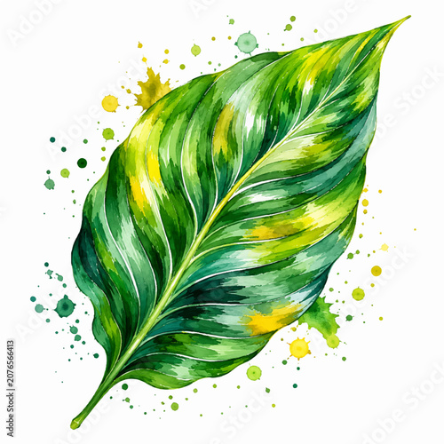 Striped Tropical Leaf Watercolor Illustration with Green Yellow Paint Splatter