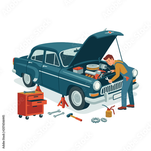 Mechanic working on vintage car engine repair with tools. Auto service illustration.