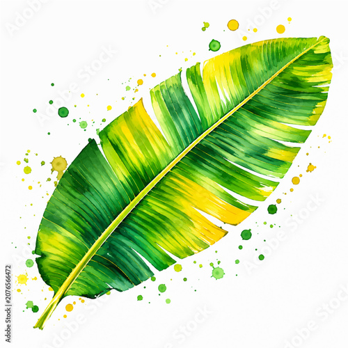 Tropical Banana Leaf Watercolor Illustration with Green Yellow Paint Splatter
