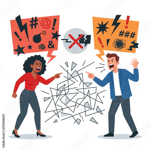 Couple arguing, conflict communication break, angry emotions, shouting dispute