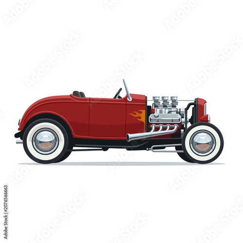 Red Vintage Hot Rod Car with Chrome Engine and Flame Decals Cutout