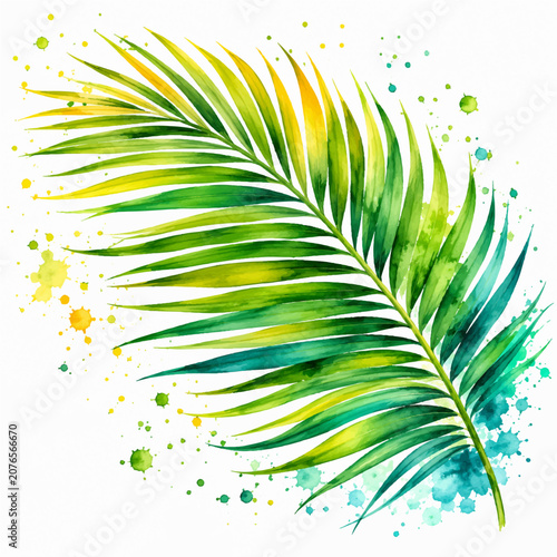 Tropical Palm Frond Watercolor Illustration with Green Teal Paint Splatter