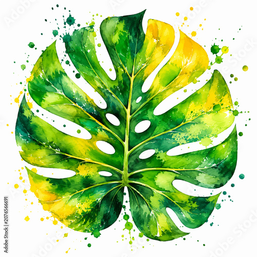 Tropical Monstera Leaf Watercolor Illustration with Green Yellow Paint Splatter